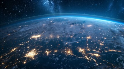 Fototapeta premium Top view of a night planet with glowing city lights. 