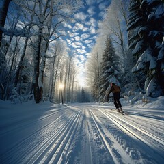 Cross country skiers racing on the ski competitions in a pine forest ski track