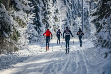 Cross country skiers racing on the ski competitions in a pine forest ski track - obrazy, fototapety, plakaty