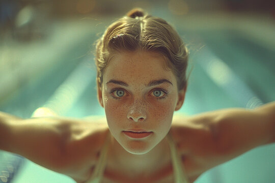 Very young girl pool gymnastics swimmer