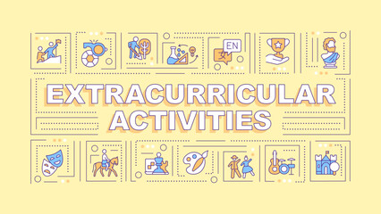 Extracurricular activities text with various thin line icons concept on green monochromatic background, editable 2D vector illustration.