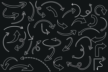 outline of arrows, arrow vector illustration. Directional signs for web design, presentations, infographics. Includes straight, curved, spiral, circular arrows indicating various directions
