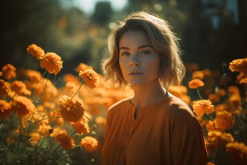 Young lady posing in orange floral field. Bright female summer portrait in blooming natural meadow. Generate ai