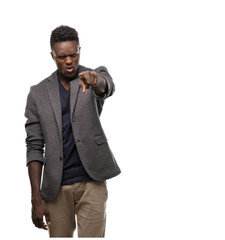 Young african american man wearing a jacket pointing with finger to the camera and to you, hand sign, positive and confident gesture from the front