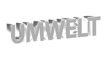 Umwelt - silberne plakative 3D-Schrift, Klimawandel, Recycling, Nachhaltigkeit, Natur, Naturschutz, Umweltverschmutzung, Greenwashing, Abfall, Renderin, Freisteller
