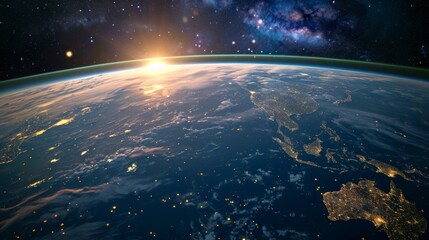 Obraz premium Top view of a night planet with glowing city lights. 