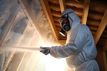 Man spraying foam insulation to insulate attic Generative Ai - 711363082