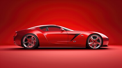 Side view of a modern luxury sports red car isolated on a red gradient background. Transport for...