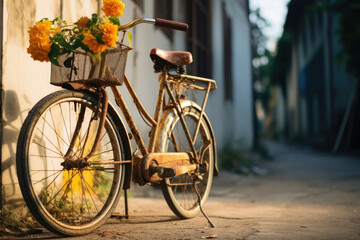 Fototapeta na wymiar Old transportation retro cycle basket city bike travel bicycle street vintage urban