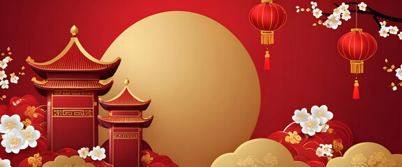 Chinese New Year concept. AI illustration background. Blossoms and lanterns - celestial dance of the new year. Extra wide banner