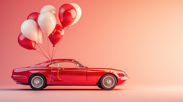 Red retro car on a pink background with many white and burgundy balloons on the roof for a holiday with copy space. Holiday card