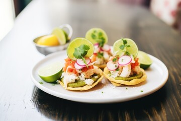 sopes filled with seafood, lime wedges on the side