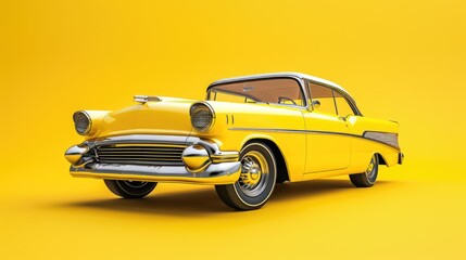 Yellow vintage car, conceptual yellow background with copy space