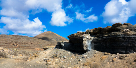 Panorama view of the most unique rock formations in Lanzarote. Called Stratified City or Antigua...