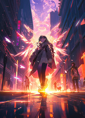 Mystical Anime Girl Surrounded by Flames Walking Down Urban Street at Dusk