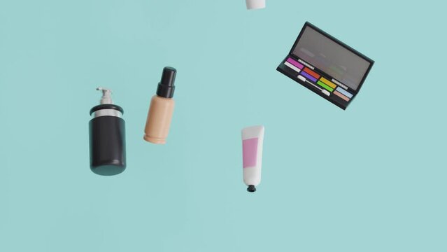 Different cosmetic products flying on a trendy pastel Light Blue background. Beauty animation. Cosmetic products. Skin care. 3D Animation