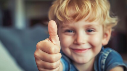 thumb up like gesture of little blond boy looking at camera in blur. Childhood lifestyle concept