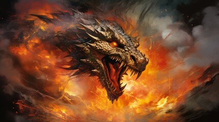 A lifelike portrayal of a fire-breathing dragon amidst billowing smoke and fiery embers, scales glinting in the fiery glow - Generative AI