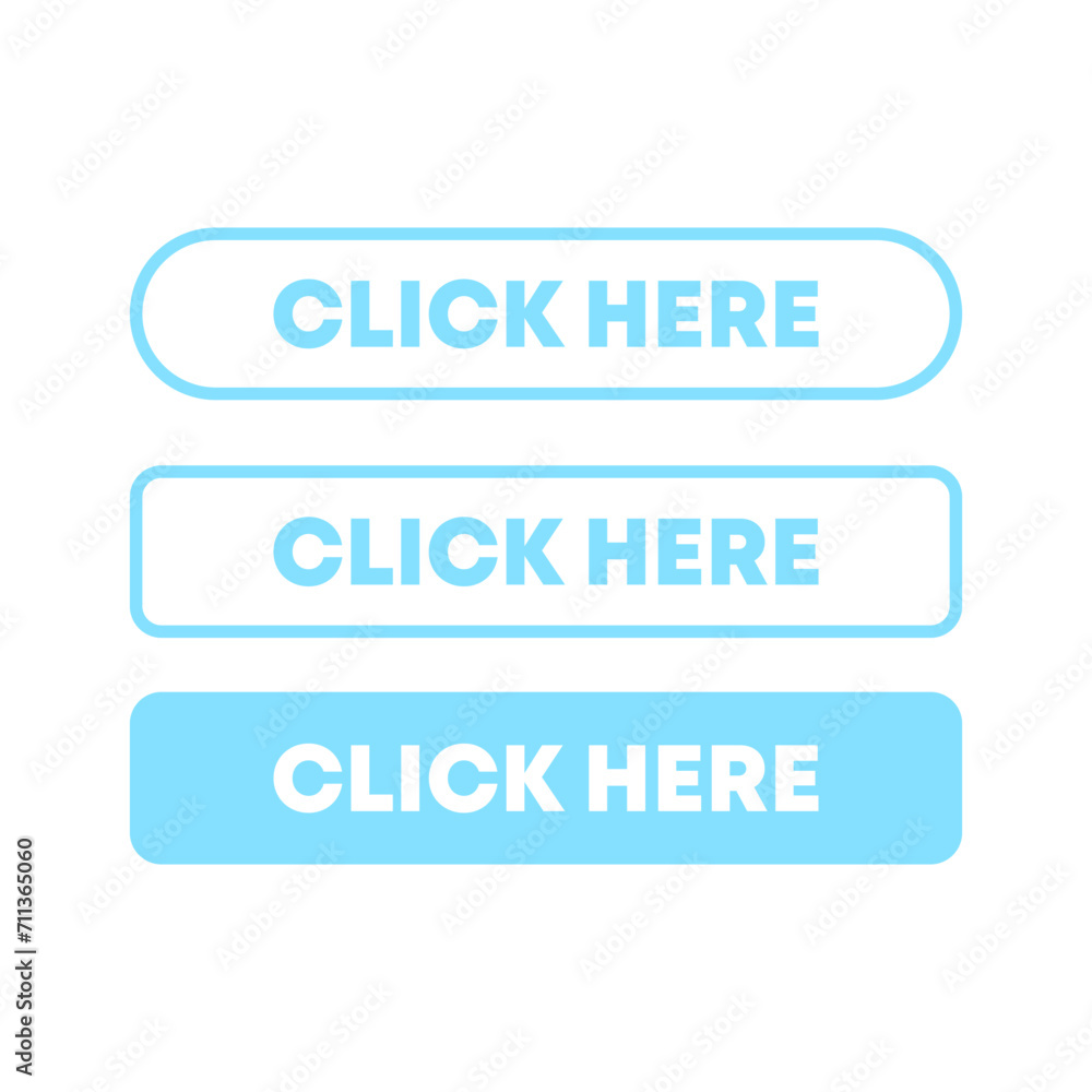 Aufkleber click here buttons. flat, blue, icons click here, buttons click here. vector icons