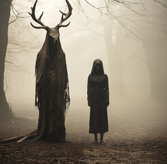 Mystical Forest Spirits with Antler Masks in a Foggy Landscape Evoking Eerie Tranquility