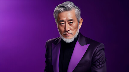 Elegant smiling elderly Asian man with gray hair, on purple background, banner, copy space, portrait.