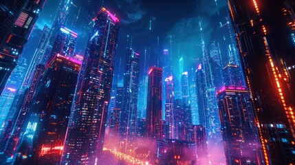 Futuristic night city adorned with neon lights and surrealistic skyscrapers.
