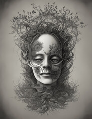 Surreal portraits,flower style, monochrome,lith printing