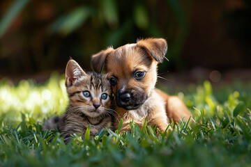 Fototapeta na wymiar Happy little orange havanese puppy dog and cat are sitting in the grass 