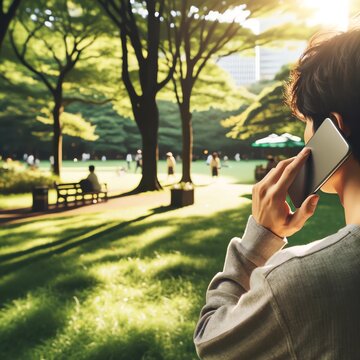 公園で電話する人
