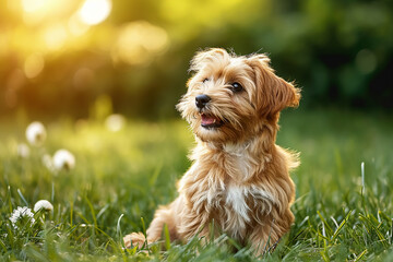 Happy little orange havanese puppy dog is sitting in the grass 