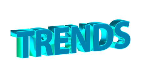 Trends - hellblaue plakative 3D-Schrift, Innovation, Modern, Aktuell, Entwicklung, Forschung, Mode, Technologie, Rendering, gerendert, Freisteller, Alphakanal
