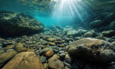 Underwater Serenity with Sunbeams and Rocky Riverbed