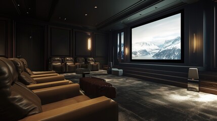 Interior Design Mock-up of a Home Theater: Luxurious with tiered seating, dark walls, and a large projector screen
