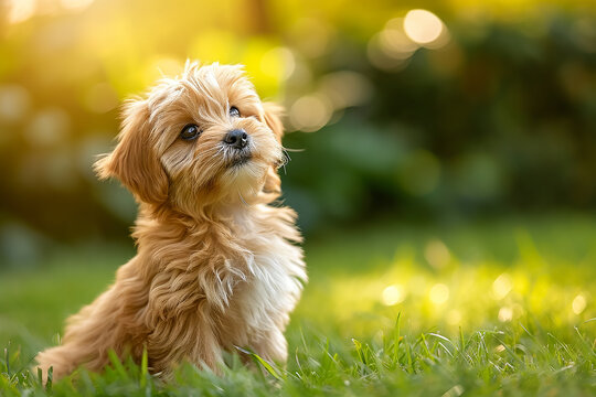 Happy little orange havanese puppy dog is sitting in the grass 