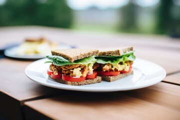 classic tempeh sandwich with mustard, lettuce, and tomato