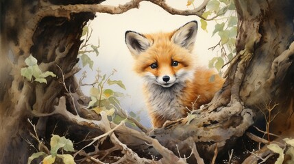 Obraz premium A lifelike scene featuring a baby fox exploring a woodland, its fluffy coat and curious gaze - Generative AI