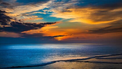 Fototapeta premium an abstract seascape painting capturing the essence of a sunset. Experiment with fluid brushstrokes and layers of orange, pink, and blue to evoke the shifting hues of the sky and ocean during this mag