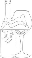 Bottle of wine. Glass for alcohol. Mountain southern sea landscape. Coast.Double exposure. Picture in picture.Continuous one line drawing. Lineart vector illustration.