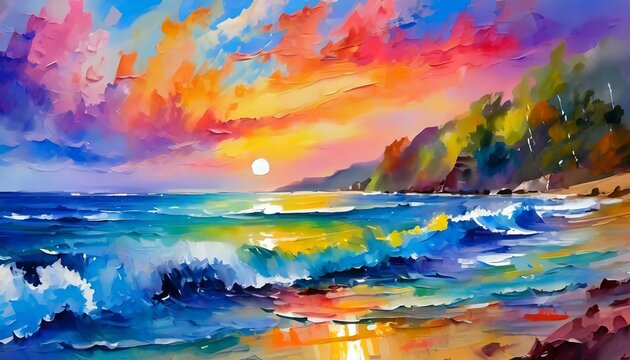 watercolor painting sunset.a captivating abstract representation of a sunset at sea. Employ a vibrant palette of warm oranges and cool blues to convey the dramatic contrast between the setting sun and