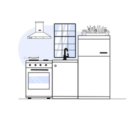 Kitchen outline interior design. Simple contour illustration of home small kitchen with furniture and equipment. Vector illustration