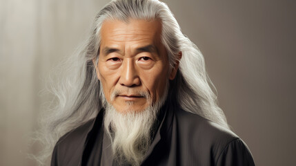 Portrait of an elderly handsome Asian senior man old with gray long hair, on a silver background,...