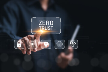 Zero trust security concept, Businessman touching virtual zero trust icon for business information...