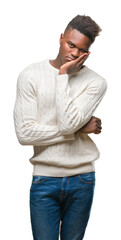 Fototapeta premium Young african american man over isolated background thinking looking tired and bored with depression problems with crossed arms.