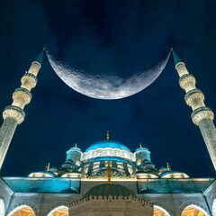 Ramadan or laylat al-qadr or islamic concept image. Mosque and crescent moon
