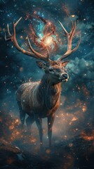 A space deer surrounded by bright luminous particles.