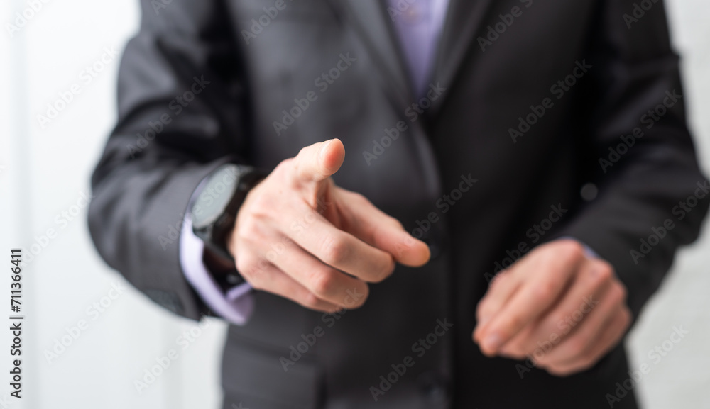 Poster businessman touching an imaginary screen with clipping path isolated on white background