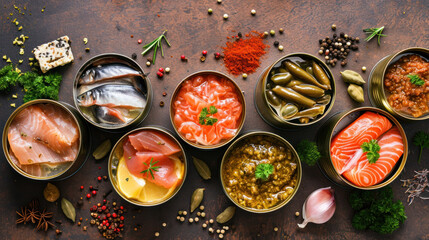 Different open tin cans with canned fish among spices and herbs on a brown background, canned salmon and mackerel, sprat and sardine, tuna and herring and fish pate, top view.