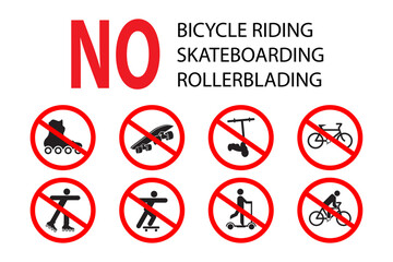 No Skateboarding, Bicycle Riding, Roller Blading, Roller Skating, Scooter Riding Sign. Ban bike, skateboard, scooter and roller sign icon. Prohibit wheel transport. Isolated Vector Illustration. - obrazy, fototapety, plakaty