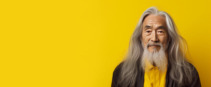 Portrait of an elderly handsome Asian senior man old with gray long hair, on a yellow background, banner.