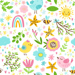 Fototapeta na wymiar Spring seamless pattern in cartoon style. Colorful childish doodle with simple birds, a bee and flowers. Sun, rainbow and raindrops. Creative baby texture for fabric, paper